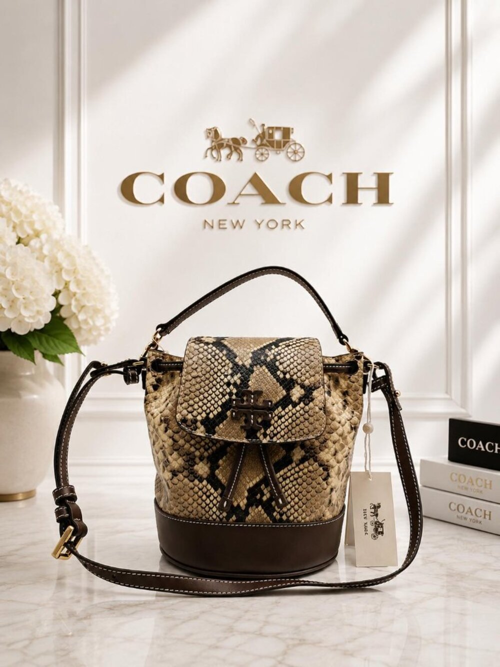 Authentic Tory Burch Python Embossed Leather Bucket Bag w/Tassel (New With Tags)